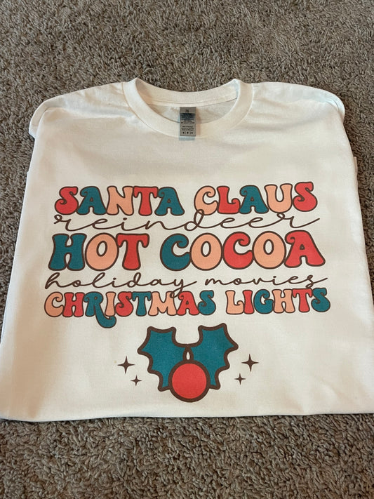Santa Claus, hot cocoa, Christmas lights